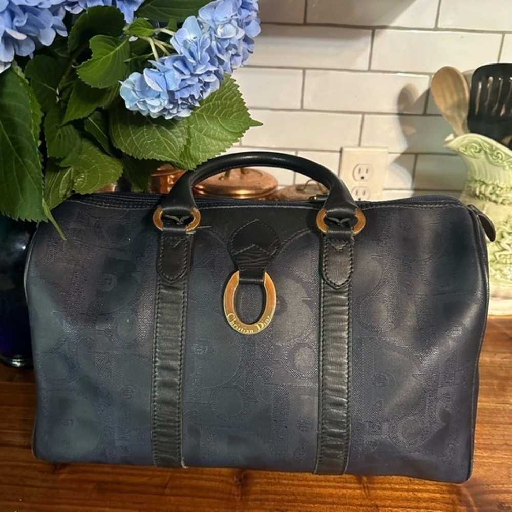 Dior Navy Logo Boston Bag with Gold Hardware